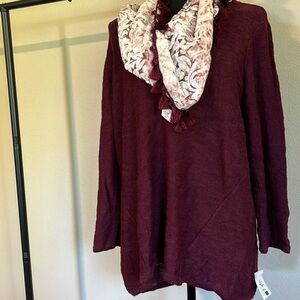 Soft waffle net sweater scarlet wine color comes with removable scarf​​